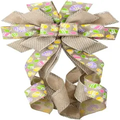 Large Easter Wreath Bows for Front Door, Flaxen Burlap Bows Easter Eggs Bow Holiday Spring Tree Topper Bows for Wreath Wall Window Easter Decorations