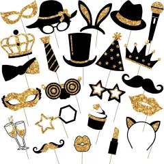 24 Pieces Funny Photo Booth Props for Birthday Weddings Graduation Party Supplies Prom Disco Mardi Gras Party Supplies Mix of Hats, Lipstick, Tie, Crowns(Golden)