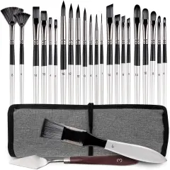 25pcs Paint Brush Set, Professional Paintbrushes Acrylic Paint Brushes Expert Series Nylon Brushes Kit with Palette Knife and Cloth Roll for Acrylic, Oil, Watercolor and Face Painting