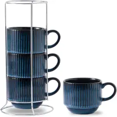 Large Coffee Mug Set of 4 with Holder - 15 Oz Stackable Ceramic Ribbed Latte Cup Set for Cappuccino, Tea, Hot Cocoa, Drinks - Dishwasher & Microwave Safe, Navy