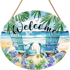 Sea Chair Front Door Sign Flower Wall Hanging Round Door Hanger Farmhouse Coastal Beach Wooden Wreath for Front Door Hello Summer Outdoor Porch Decor 12"X12"