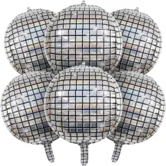 6 PCS Disco Ball Balloons Silver Disco Mylar Foil Balloons 22 Inch Huge 4D Round Metallic Sphere Disco Party Balloons for 70s 80s 90s Party Decorations Birthday Bachelorette Party Graduation