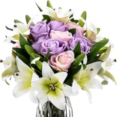 20 Pcs Summer Bouquets Artificial Flowers Velvet Realistic Roses and Latex Easter Lilies Flowers Bouquet Decorations Arrangements