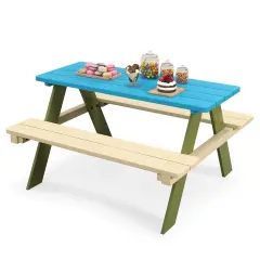 Kids Wooden Picnic Table Set with Built-in Benches and Stable Triangular Structure