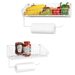 2PCS White Multi-Functional Wall-Mounted Metal Basket Organizer with Foldable Paper Towel Holder &ndash; Space-Saving Storage Shelf for Kitchen, Bathroom, Bedroom & Hallway