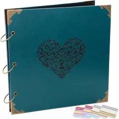 Photo Album DIY Scrapbook - 12x12 inch 50 Pages Vintage Leather Cover Three-Ring Binder Love Picture Booth Albums with 408pcs Self Adhesive Photos Corners for Memory Keep, Heart (Jasper Green)