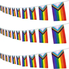 Progress Rainbow Pride Flags Banner String,Small Mini Rainbow Gay LGBT Pennant Flag For Rainbow Party Festival Decorations(50 Feet 38 Flags)