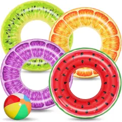 Inflatable Pool Toys Floats for Swimming Pool Party Lake Beach Kids Adults - 4 Pack Floaties Pool Tubes Swim Rings Fruit Water Floaty Watermelon Kiwi Orange Grape