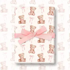 6 Sheets Bear Wrapping Paper - Not Roll - Pink Brown Ribbon Bow Gift Wrap Paper Folded Flat for Birthday Baby Shower DIY Crafts, 19.7 x 27.6 Inch