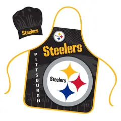 Mojo Licensing Pittsburgh Steelers Apron Chef Hat Set Full Color Universal Size Tie Back Grilling Tailgate BBQ Cooking Host