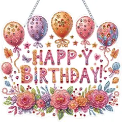 Birthday Party Diamond Art Painting Acrylic Hanging Kit for Adults, DIY Double Sided Special Shaped Diamonds Art Window Pendant Ornament(Happy Birthday)