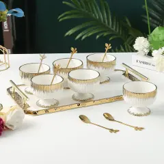 Porcelain Dessert Mugs with Coordinating Tray Gold Trim