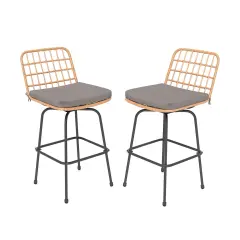 Set of 2 Patio Swivel Barstools with Soft Seat Cushions and Reinforced Metal Frame