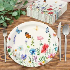 150 Pcs Floral Party Supplies, 50 Pcs Floral Paper Plates 11 Inch and 100 Pcs Wildflower Paper Napkins 13 Inch Butterfly Disposable Plates for Summer Tea Party