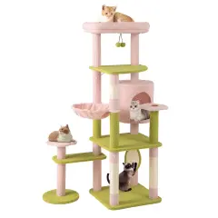 Pink-Green Teddy Plush Cat Tree with Condo, Hammock and Floral Scratching Posts