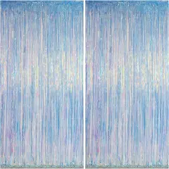 Iridescent Foil Fringe Backdrops Party Decorations - 2 Pack 3.2 x 6.5 ft Metallic Tinsel Photo Backdrop Curtains for Mermaid Unicorn Birthdays Parties
