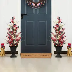 Set of 2 36"H Patriotic / Americana Lighted Berry and Stars Urn Porch Trees, 20 Warm White Lights with timer