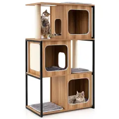 Natural Gray Engineered Wood Multi-Level Cat Tower with Metal Frame