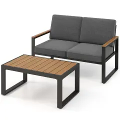 2 Piece Patio Aluminum Furniture Set with Wood-Plastic Armrests and Rectangular Coffee Table