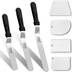 3 Pieces Professional Angled Offset Frosting Spatulas with 6", 8", 10" Stainless Steel Blades & 4 Pack Cake Smoother Scraper for Cake Decorating, Baking & Pastry (Set of 7)