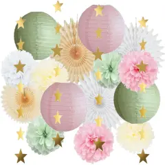 Sage Green and Pink Party Decorations Paper Lanterns Decorative Pink Gold Tissue Paper Pom Poms Sage Green Party Decorations Gold Star Garland for Baby Shower Bridal Shower Birthday Wedding Engagement