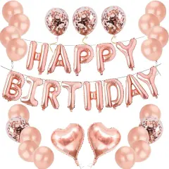 40 pcs Pink Rose Gold Birthday Decorations, 3D Mylar Foil Happy Birthday Banner and 18 inch Big Heart Star Confetti Latex Balloons