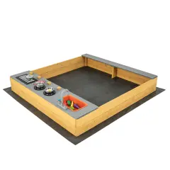 Natural Fir Wood Kids Kitchen Sandbox with Bench Outdoor Playset