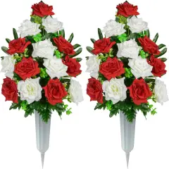 Artificial Cemetery Flowers, Memorial Rose Flowers Grave Decoration Flower Bouquets with Vase for Cemetery Graveyard Headstones Decor, Set of 2 (Red&White)