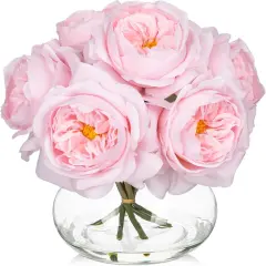 Pink Roses Peonies Artificial Flowers with Glass Vase Silk David Austin Roses Faux Flowers Arrangements with Clear Faux Water in Vase Fake Peonies Rose Peony Floral Bulk Bouquet Home Decor