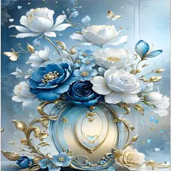 DIY 5D White and Blue Flowers Diamond Art Painting Kits, Full Round Drill Sparkling Diamond Painting Picture, Diamond Painting Art Craft Kits for Adults Beginners, Home Wall Decor 12x16inch