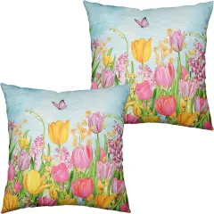 Tulip Pillow Covers 18x18 Set of 2 Spring Throw Pillow Covers Pink Yellow Tulip Floral Outdoor Pillowcase Watercolor Cotton Linen Cushion Case for Sofa Outdoor Patio