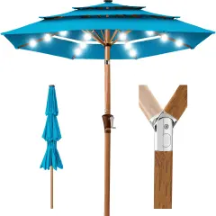 Best Choice Products Woodgrain Pattern 10ft 3-Tier Solar Patio Umbrella w/ 24 LED Lights, Tilt Sky Blue