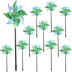 12 Pcs Spring Reflective Pinwheels Outdoor, Wind Spinners for Yard & Garden, Sparkly Bird Repellent Windmill Scare Birds Away, Deterrent Devices for Outside Patio Lawn Spring Decor (Green)