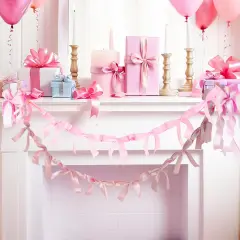 2Pcs Pink Bow Garland Banner for Coquette Birthday Bachelorette Party Decorations, 5.4FT Satin Bow Banner Decorations for Wedding Favors Bridal Shower Engagement Party Supplies Baptism Gift