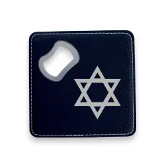 Coaster W/ BOTTLE OPENER - Star of David - SET OF 2 LEATHER Black/Silver