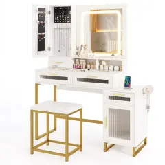 White & Gold Vanity Set with LED Mirror, Charging & Jewelry Cabinet