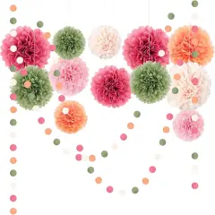 Wedding Party Decorations - 15Pcs Pink, Sage Green, Ivory Tissue Paper Pom Pom for Birthday Pastel Decorations, Engagement Baby/Bridal Shower Anniversary Valentine Dot Paper Backdrop Decor
