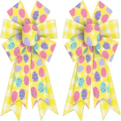 2PCS Easter Wreath Bows, Spring Easter Yellow Bows for Wreath Easter Eggs Wreath Bows Easter Bows for Front Door Spring Dot Tree Bows for Indoor Outdoor Decor