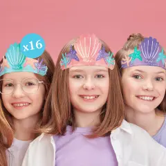 Big Dot of Happiness Mermaid Party Paper Crowns, Colorful Under the Sea Party Headbands for Girls Birthday, DIY Mermaid Party Hat Favors, 16 Count