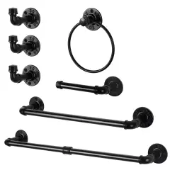7pcs Black Metal Toilet Paper Holder & Towel Rack Set - Industrial Wall-Mounted Bathroom Hardware, Space-Saving No-Assembly Design with Chamfered Edges