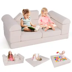 Suede Fabric Convertible Kids Play Couch Set with Foam Blocks and Cushions Beige