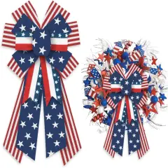 Large Patriotic Bows for Wreath, Memorial Day Wreath Burlap Bows for Front Door, Red Blue White Stripe Patriotic Star Tree Topper Bow for 4th of July Indoor Outdoor Decoration