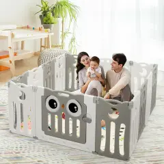 14-Panel Kids Foldable Activity Center Playpen with Lockable Door and Non-Slip Foot Mat Beige