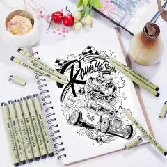 Micro Fineliner Pens 6 Size/Set, Ultra Fine Fineliner Pen, Brush Marker Pen, Water-based Black Pigment Ink, Drawing Journaling Doodle Supplies for Artists, Designers, Students