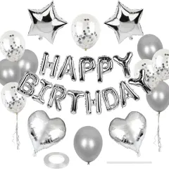 27 Pcs Silver Birthday Decorations, 3D Foil Silver Happy Birthday Balloon Banner
