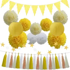 33pcs Party Decoration Supplies Set, Yellow Tissue Paper Pom Poms Flowers Paper Lanterns Tassels Hanging Garland Banner Triangle Flag Bunting for Birthday, Bridal, Baby Shower, Wedding Graduation