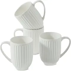 Ceramic Coffee Mugs Set of 4, 16 Oz Large Ribbed Coffee Cups with Big Handle, Unique Modern Style White Latte Mugs for Tea,Cocoa,Milk,Cappuccino, Microwave & Dishwasher Safe