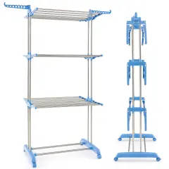 Blue 4-Tier Freestanding Folding Clothes Drying Rack with Rotatable Side Wings and 8 Hanging Rods