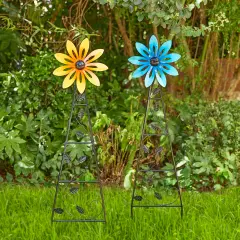 Set of 2 44"H Metal Yellow & Blue Flower Wind Spinner Yardstakes