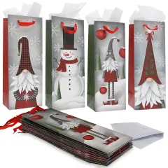 Bright Creations 12 Pack Christmas Wine Gift Bags with Tissue Paper Wrapping, 4 Gnomes Snowmen Designs for Home Party Holiday Supplies, Fun and Festive Xmas Packaging (5 x 13.6 x 4 in) Gray